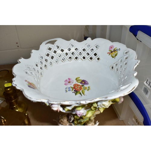 611 - A CONTINENTAL TABLE CENTRE PIECE, having pierced basket bowl decorated with roses, standing on a ped... 