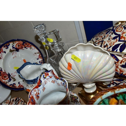 613 - A GROUP OF CERAMICS AND GLASSWARE, including a reproduction majolica game pie dish, an Imari pallet ... 