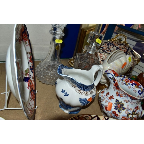 613 - A GROUP OF CERAMICS AND GLASSWARE, including a reproduction majolica game pie dish, an Imari pallet ... 