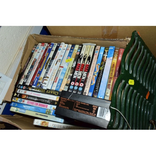 616 - THREE BOXES AND LOOSE OF MISCELLANEOUS ITEMS, including vinyl LP's and DVD's, metalware etc, LP's in... 