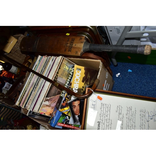 616 - THREE BOXES AND LOOSE OF MISCELLANEOUS ITEMS, including vinyl LP's and DVD's, metalware etc, LP's in... 