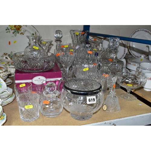 619 - A GROUP OF GLASSWARE AND CUT GLASS, including  four Stuart crystal champagne flutes, three matching ... 