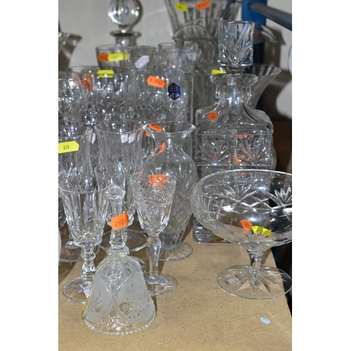 619 - A GROUP OF GLASSWARE AND CUT GLASS, including  four Stuart crystal champagne flutes, three matching ... 