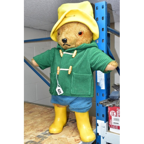 625 - AN UNBRANDED TEDDY BEAR DRESSED AS PADDINGTON BEAR, felt pads to hands and feet, plastic nose and ey... 