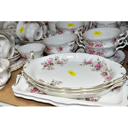 629 - ROYAL ALBERT 'LAVENDER ROSE' PATTERN DINNER, TEA AND COFFEE SERVICE, oval platter (seconds), twin ha... 