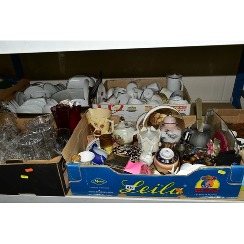 630 - FIVE BOXES OF MISCELLANEOUS CERAMICS AND GLASS, including a silver cigarette box, (damaged)Thomas Ge... 