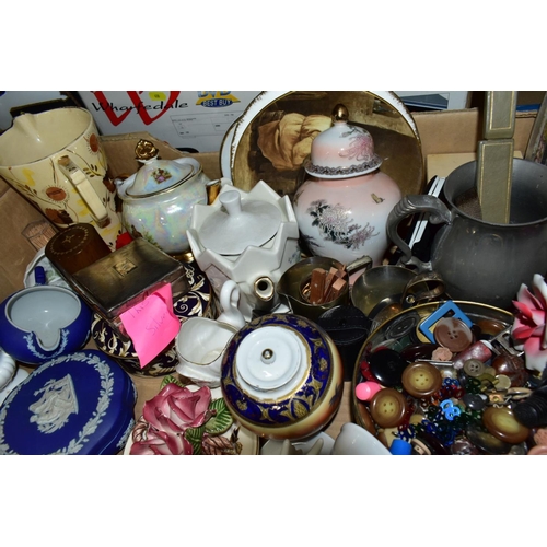 630 - FIVE BOXES OF MISCELLANEOUS CERAMICS AND GLASS, including a silver cigarette box, (damaged)Thomas Ge... 