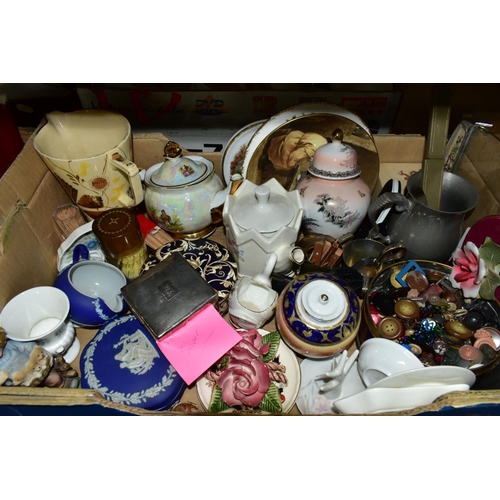 630 - FIVE BOXES OF MISCELLANEOUS CERAMICS AND GLASS, including a silver cigarette box, (damaged)Thomas Ge... 