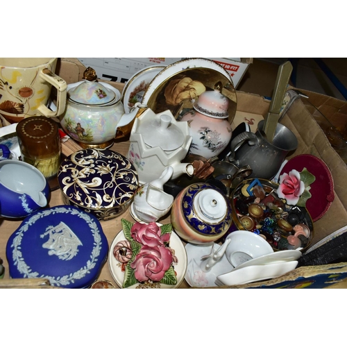 630 - FIVE BOXES OF MISCELLANEOUS CERAMICS AND GLASS, including a silver cigarette box, (damaged)Thomas Ge... 