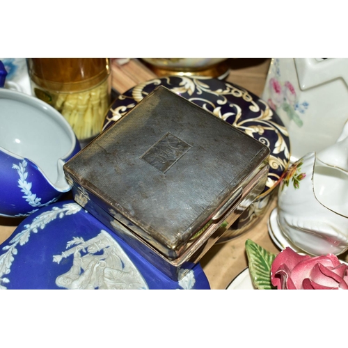 630 - FIVE BOXES OF MISCELLANEOUS CERAMICS AND GLASS, including a silver cigarette box, (damaged)Thomas Ge... 