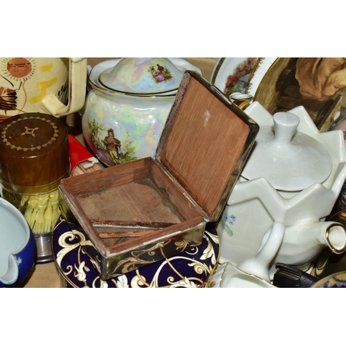 630 - FIVE BOXES OF MISCELLANEOUS CERAMICS AND GLASS, including a silver cigarette box, (damaged)Thomas Ge... 