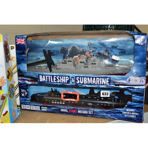 633 - BOXED TOYS AND GAMES, comprising Meccano Xtreme vehicle kit 5820, B & M Battleship and Submarine, Id... 