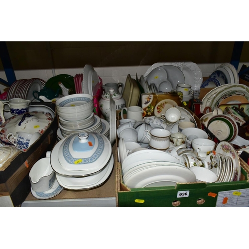 636 - FIVE BOXES AND LOOSE OF MISCELLANEOUS CERAMICS, including Royal Doulton Counterpoint part dinner ser... 