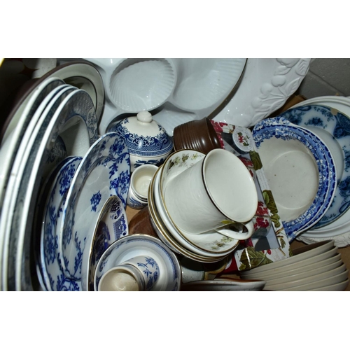 636 - FIVE BOXES AND LOOSE OF MISCELLANEOUS CERAMICS, including Royal Doulton Counterpoint part dinner ser... 