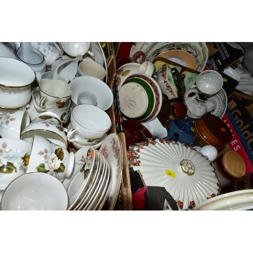 636 - FIVE BOXES AND LOOSE OF MISCELLANEOUS CERAMICS, including Royal Doulton Counterpoint part dinner ser... 