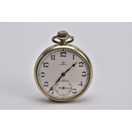 65 - AN OMEGA OPEN FACE POCKET WATCH, round white dial signed 'Omega', Arabic numerals, seconds subsidiar... 