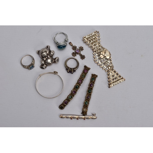 68 - A BAG OF ASSORTED SILVER AND WHITE METAL JEWELLERY, to include a wide silver gate bracelet, fitted w... 