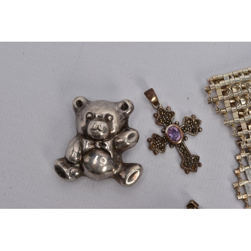 68 - A BAG OF ASSORTED SILVER AND WHITE METAL JEWELLERY, to include a wide silver gate bracelet, fitted w... 