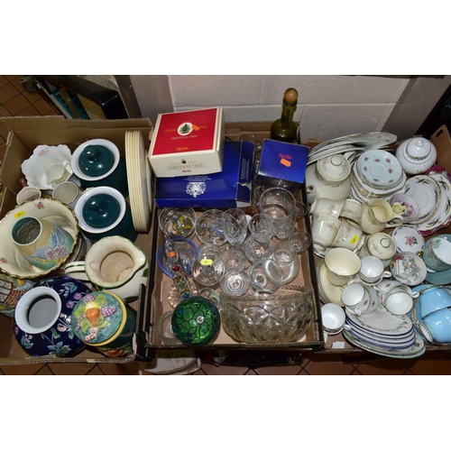 699 - THREE BOXES OF TEA WARES, GLASS AND CERAMICS, ETC, to include Royal Doulton 'Diana' part tea set, co... 