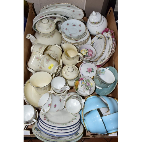 699 - THREE BOXES OF TEA WARES, GLASS AND CERAMICS, ETC, to include Royal Doulton 'Diana' part tea set, co... 