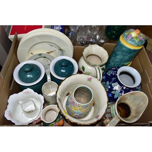 699 - THREE BOXES OF TEA WARES, GLASS AND CERAMICS, ETC, to include Royal Doulton 'Diana' part tea set, co... 