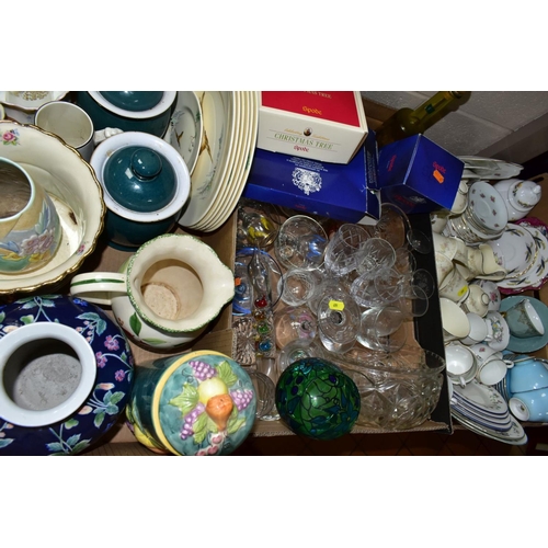 699 - THREE BOXES OF TEA WARES, GLASS AND CERAMICS, ETC, to include Royal Doulton 'Diana' part tea set, co... 