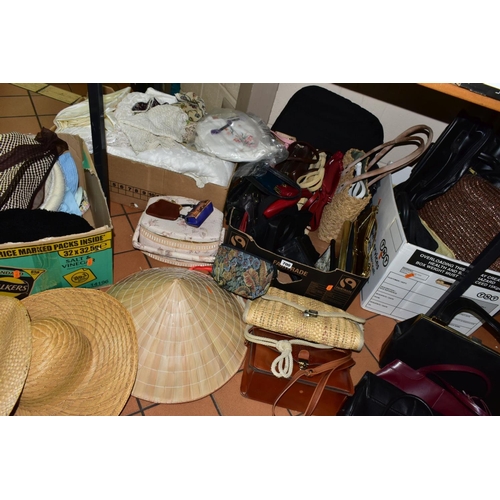 700 - FOUR BOXES OF HAND/SHOULDER BAGS, HATS AND LACED BEDDING, ETC, bags include leather, PVC and woven s... 