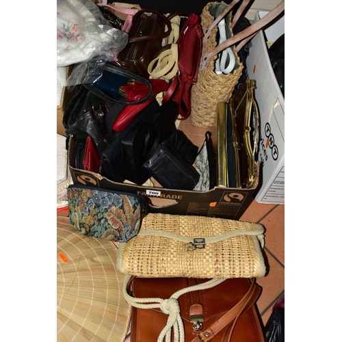 700 - FOUR BOXES OF HAND/SHOULDER BAGS, HATS AND LACED BEDDING, ETC, bags include leather, PVC and woven s... 