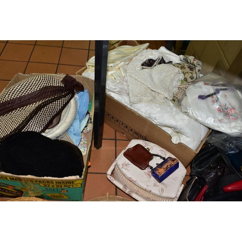 700 - FOUR BOXES OF HAND/SHOULDER BAGS, HATS AND LACED BEDDING, ETC, bags include leather, PVC and woven s... 