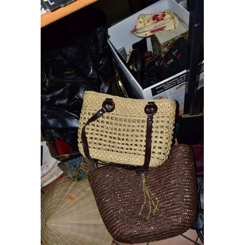 700 - FOUR BOXES OF HAND/SHOULDER BAGS, HATS AND LACED BEDDING, ETC, bags include leather, PVC and woven s... 