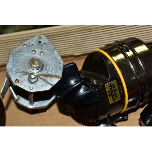 701 - SEVEN VINTAGE FISHING REELS, comprising a Garcia Mitchell 300 with spare spool, Daiwa 28 closed face... 