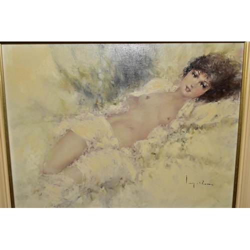 705 - PAINTINGS AND PRINTS, comprising GIGI (LUIGI) ROCCA (ITALIAN 1952), a semi nude female figure in whi... 