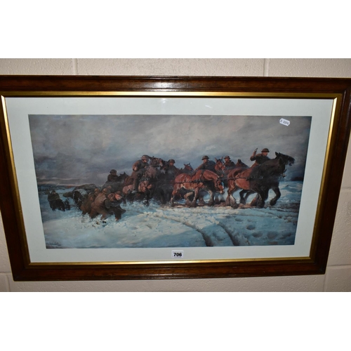 706 - LUCY KEMP-WELCH (1869-1958) 'BIG GUNS TO THE FRONT' a framed print depicting soldiers and heavy hors... 