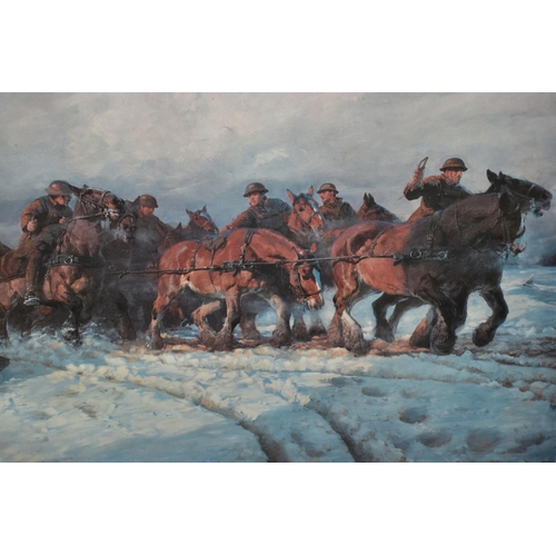 706 - LUCY KEMP-WELCH (1869-1958) 'BIG GUNS TO THE FRONT' a framed print depicting soldiers and heavy hors... 