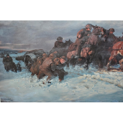 706 - LUCY KEMP-WELCH (1869-1958) 'BIG GUNS TO THE FRONT' a framed print depicting soldiers and heavy hors... 