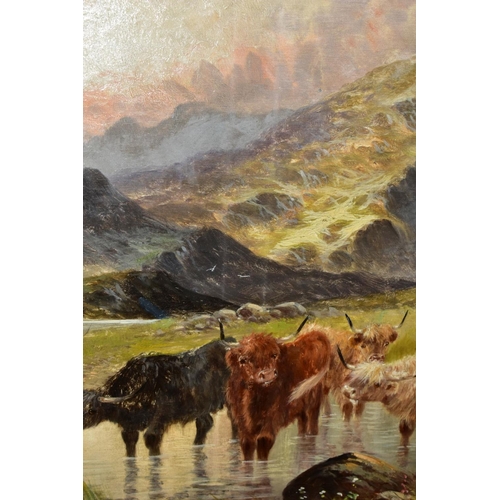 708 - CHARLES W OSWALD (19TH/20TH CENTURY), Highland cattle drinking from a Loch against a mountainous bac... 