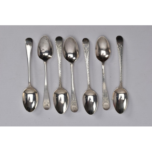 71 - SEVEN SILVER TEASPOONS, four Georgian spoons with an engraved design to the handles and an engraved ... 