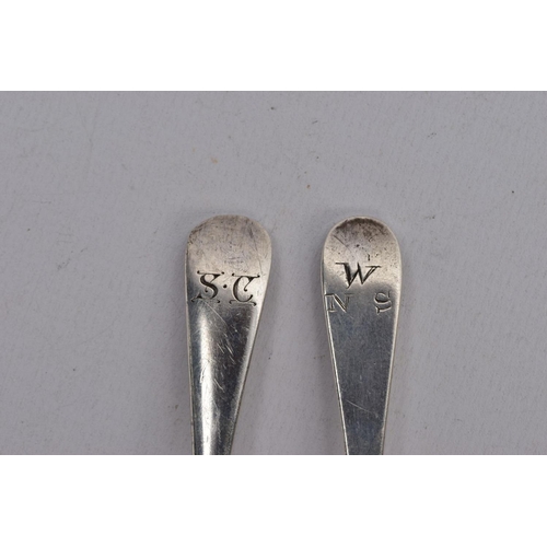 71 - SEVEN SILVER TEASPOONS, four Georgian spoons with an engraved design to the handles and an engraved ... 