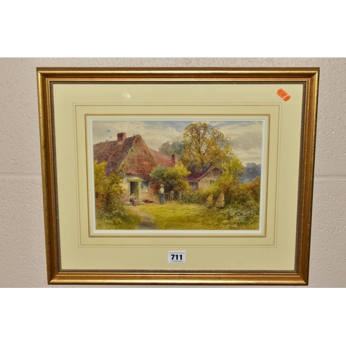 711 - FRANK GRESLEY (BRITISH 1855-1936) figures before a rural cottage, signed bottom right, watercolour o... 