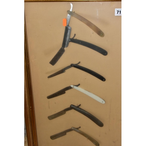 712 - A FRAMED DISPLAY OF TWELVE STRAIGHT/CUT THROAT RAZORS, gilt framed, size of frame approximately 69cm... 