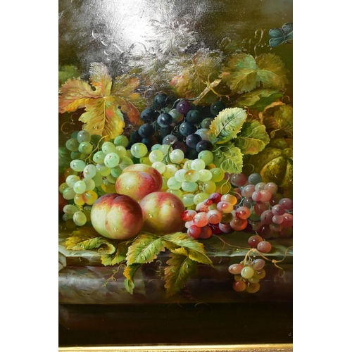 713 - L. LARKIN (20TH CENTURY) a still life study of fruits and vine on a marble slab, black and green gra... 