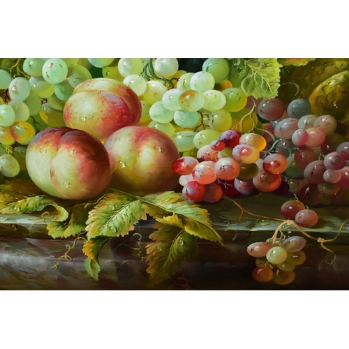 713 - L. LARKIN (20TH CENTURY) a still life study of fruits and vine on a marble slab, black and green gra... 