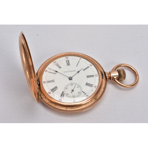 72 - A ROLLED GOLD FULL HUNTER WALTHAM POCKET WATCH, round white dial signed 'waltham', Roman numerals, s... 