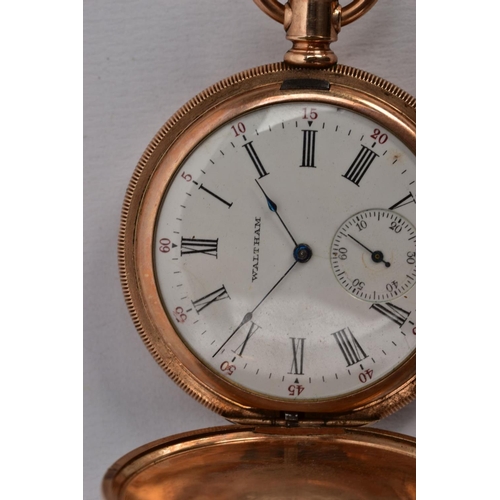 72 - A ROLLED GOLD FULL HUNTER WALTHAM POCKET WATCH, round white dial signed 'waltham', Roman numerals, s... 