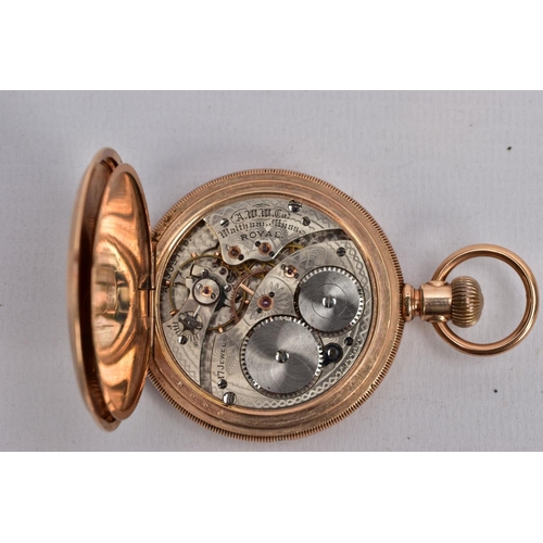 72 - A ROLLED GOLD FULL HUNTER WALTHAM POCKET WATCH, round white dial signed 'waltham', Roman numerals, s... 