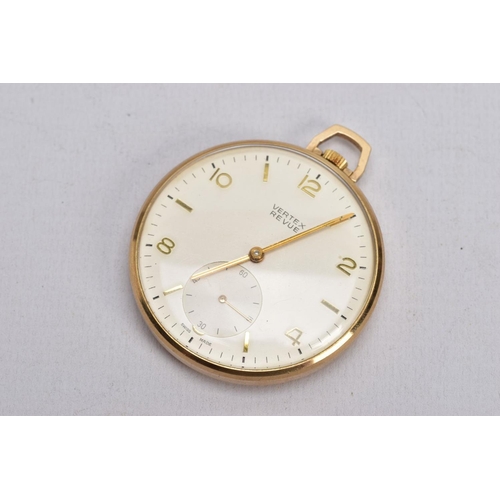 74 - A 9CT GOLD VERTEX REVUE OPEN FACE POCKET WATCH, round cream dial, Arabic and baton markers, seconds ... 