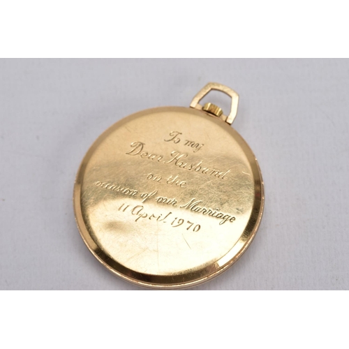 74 - A 9CT GOLD VERTEX REVUE OPEN FACE POCKET WATCH, round cream dial, Arabic and baton markers, seconds ... 