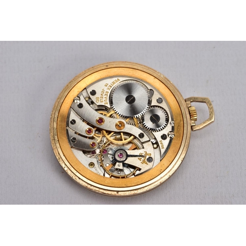 74 - A 9CT GOLD VERTEX REVUE OPEN FACE POCKET WATCH, round cream dial, Arabic and baton markers, seconds ... 