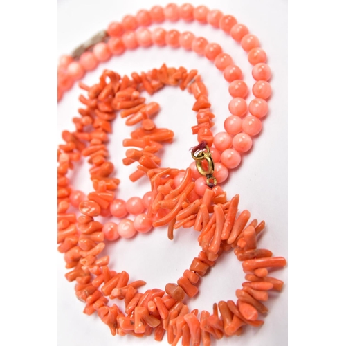 8 - TWO CORAL NECKLACES, the first a polished pink coral bead necklace, each bead measuring approximatel... 