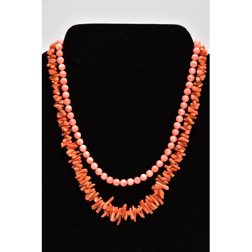 8 - TWO CORAL NECKLACES, the first a polished pink coral bead necklace, each bead measuring approximatel... 